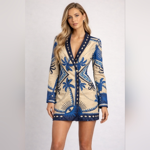 FARM Rio Dresses & Skirts - Farm Rio Long Sleeve Blazer Dress Evil Eye Size XSmall
